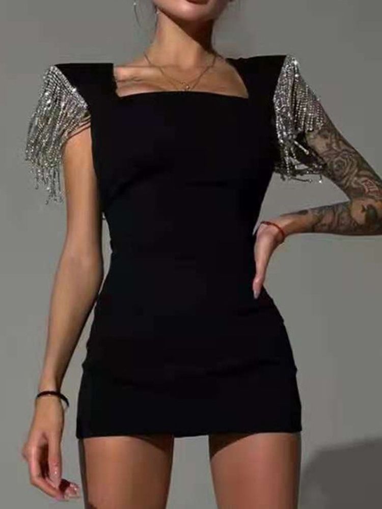Tofs Square Neck Above Knee Color Block Bodycon Klänning