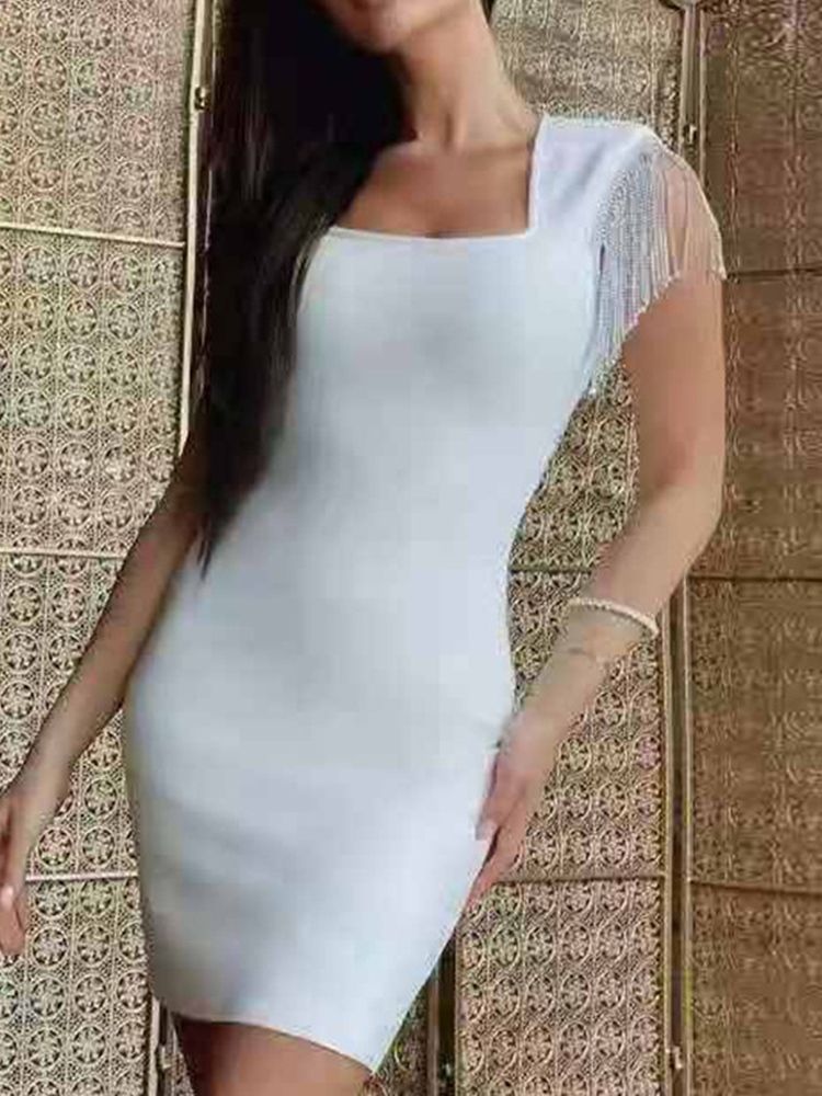 Tofs Square Neck Above Knee Color Block Bodycon Klänning