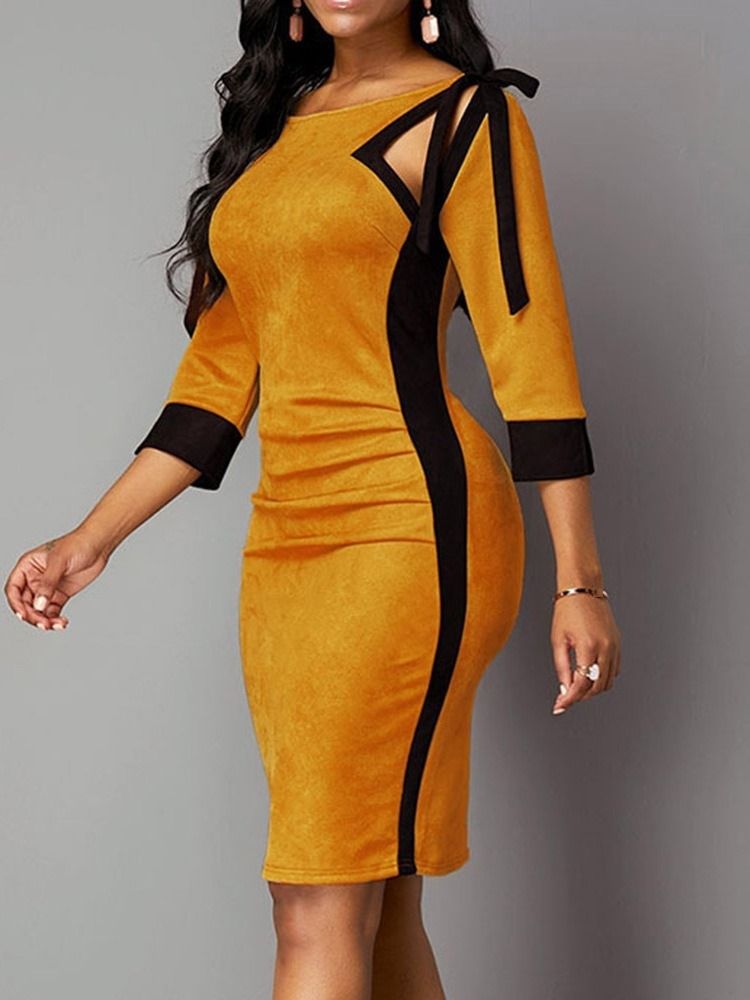 Trekvartsärm Knälångt Patchwork Mid Waist Vanlig Bodycon-Klänning