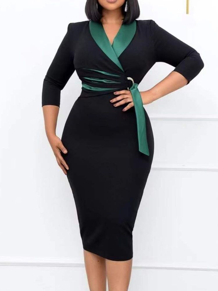 Trekvartsärm Patchwork Lapel High Waist Color Block Klänning