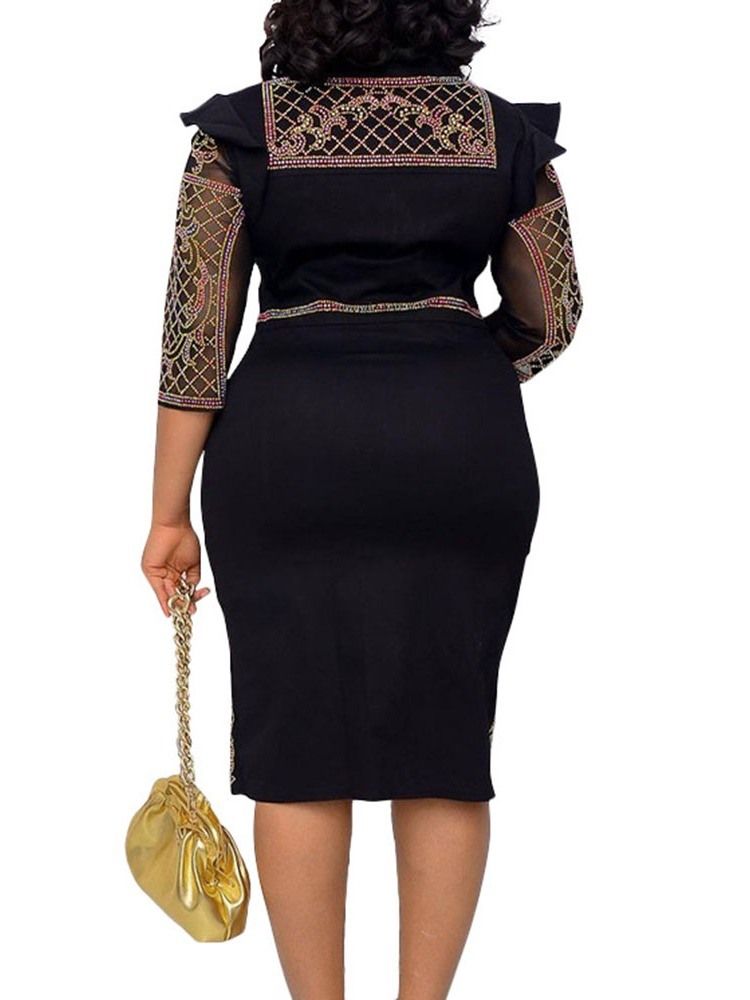 Trekvartsärm Rund Hals Knälång Fashion Bodycon Klänning