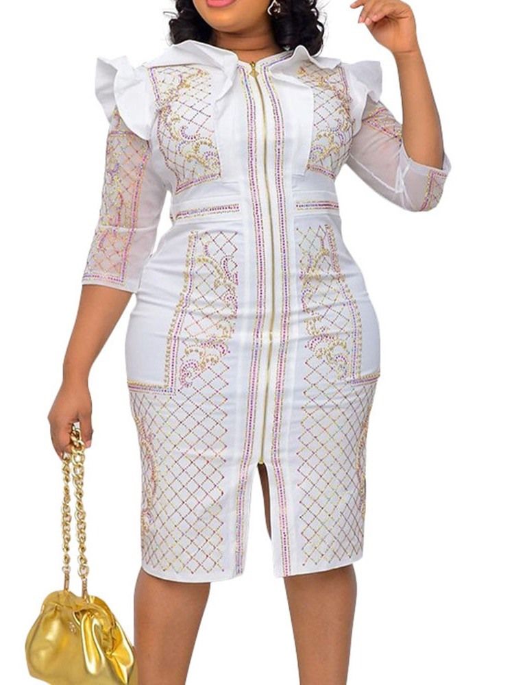 Trekvartsärm Rund Hals Knälång Fashion Bodycon Klänning