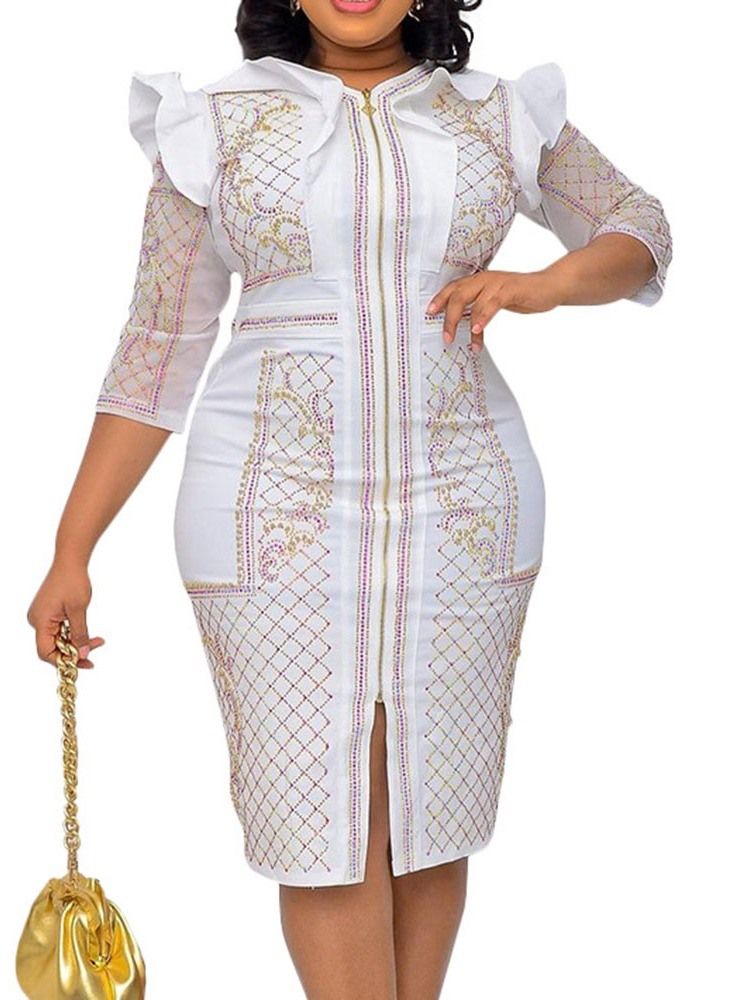 Trekvartsärm Rund Hals Knälång Fashion Bodycon Klänning