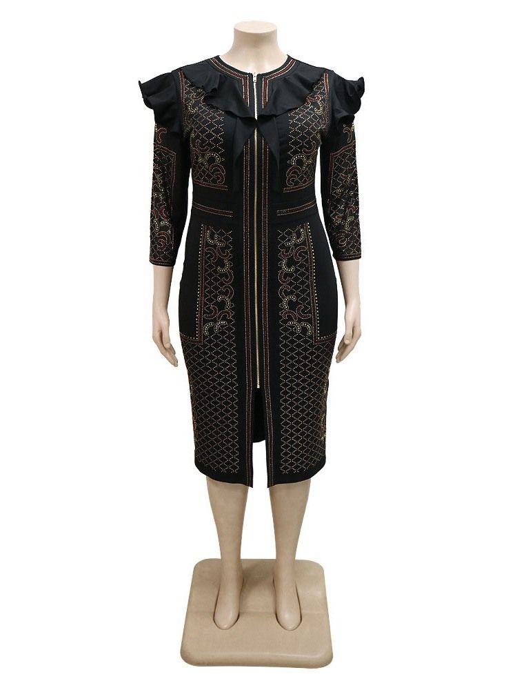 Trekvartsärm Rund Hals Knälång Fashion Bodycon Klänning