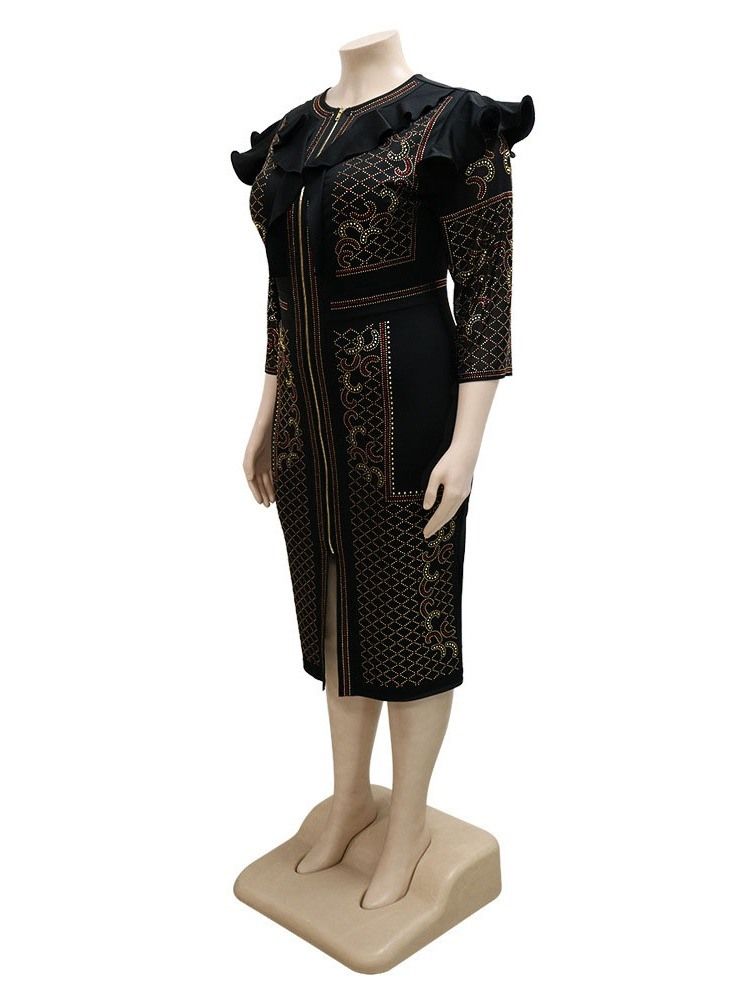 Trekvartsärm Rund Hals Knälång Fashion Bodycon Klänning