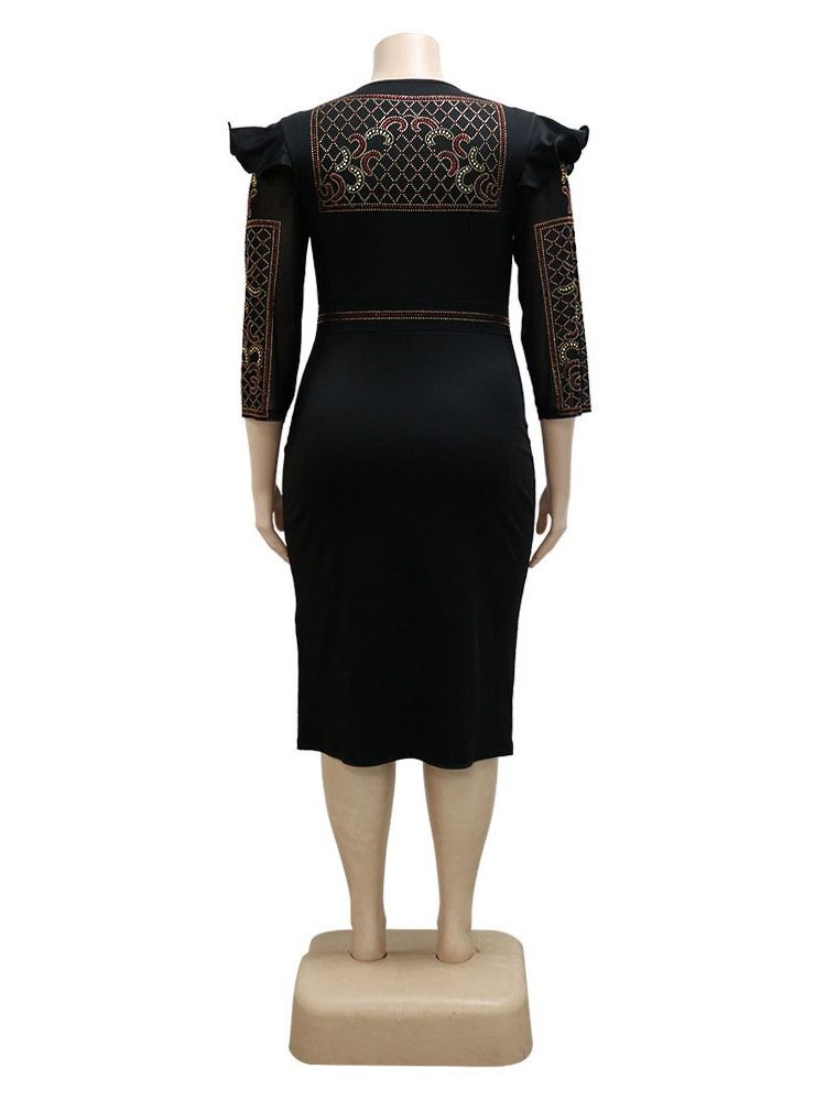 Trekvartsärm Rund Hals Knälång Fashion Bodycon Klänning