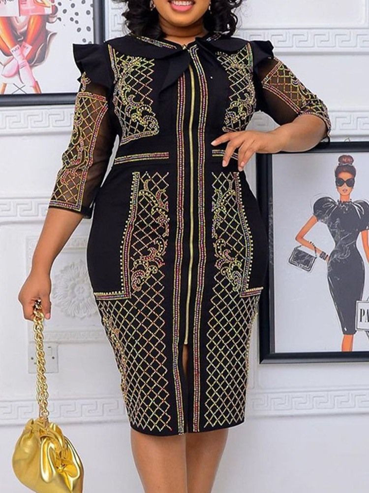 Trekvartsärm Rund Hals Knälång Fashion Bodycon Klänning