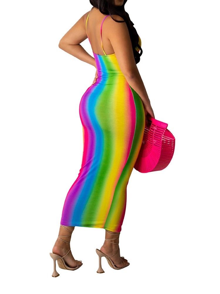 Tryck Ärmlös Ankellång Gradient Bodycon-Klänning Hela Säsongen