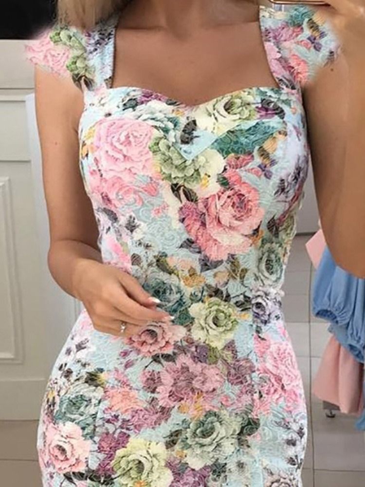 Tryck Kortärmad Knälång Blommig Sommarklänning