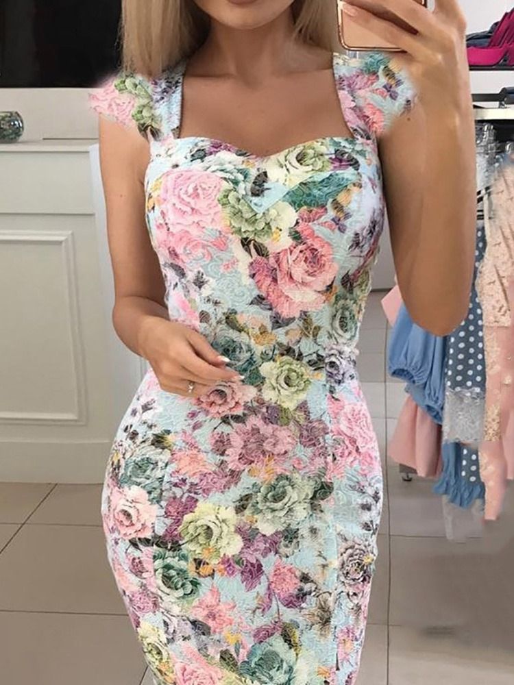 Tryck Kortärmad Knälång Blommig Sommarklänning