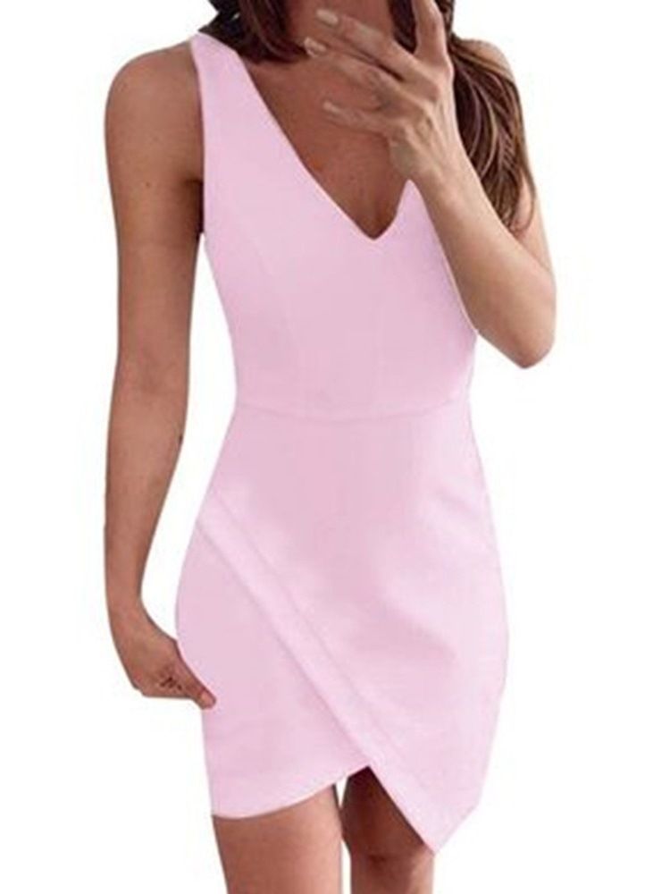 V-Halsad Ärmlös Ovanför Knäet Asymmetriska Enkla Bodycon-Klänningar