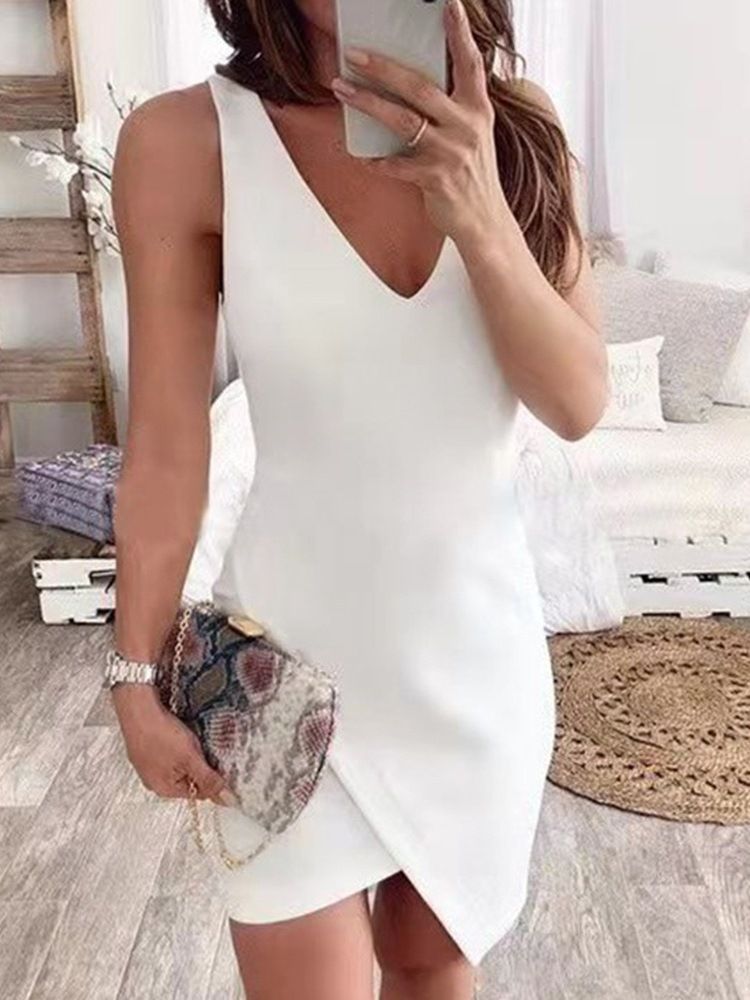 V-Halsad Ärmlös Ovanför Knäet Asymmetriska Enkla Bodycon-Klänningar