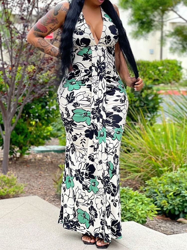 V-Halsad Patchwork Ärmlös Western Bodycon Klänning