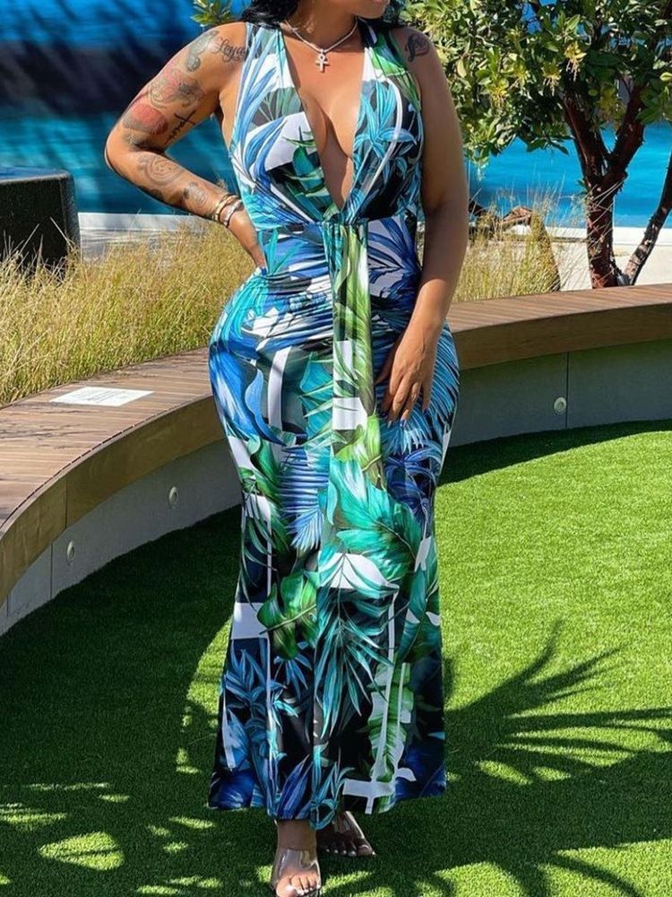 V-Halsad Patchwork Ärmlös Western Bodycon Klänning