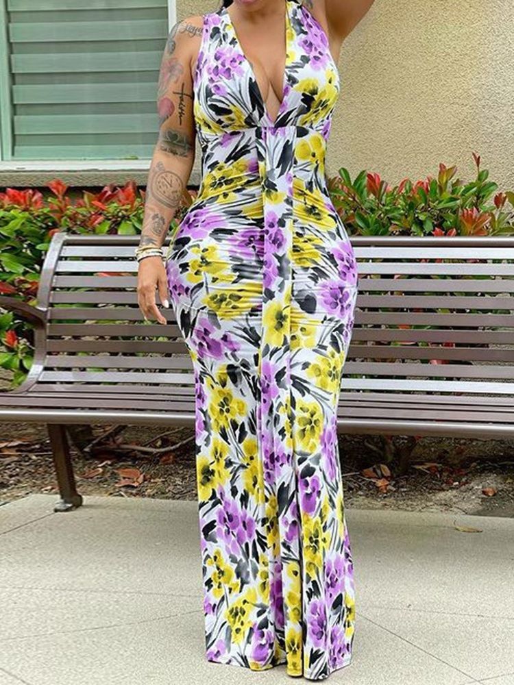 V-Halsad Patchwork Ärmlös Western Bodycon Klänning