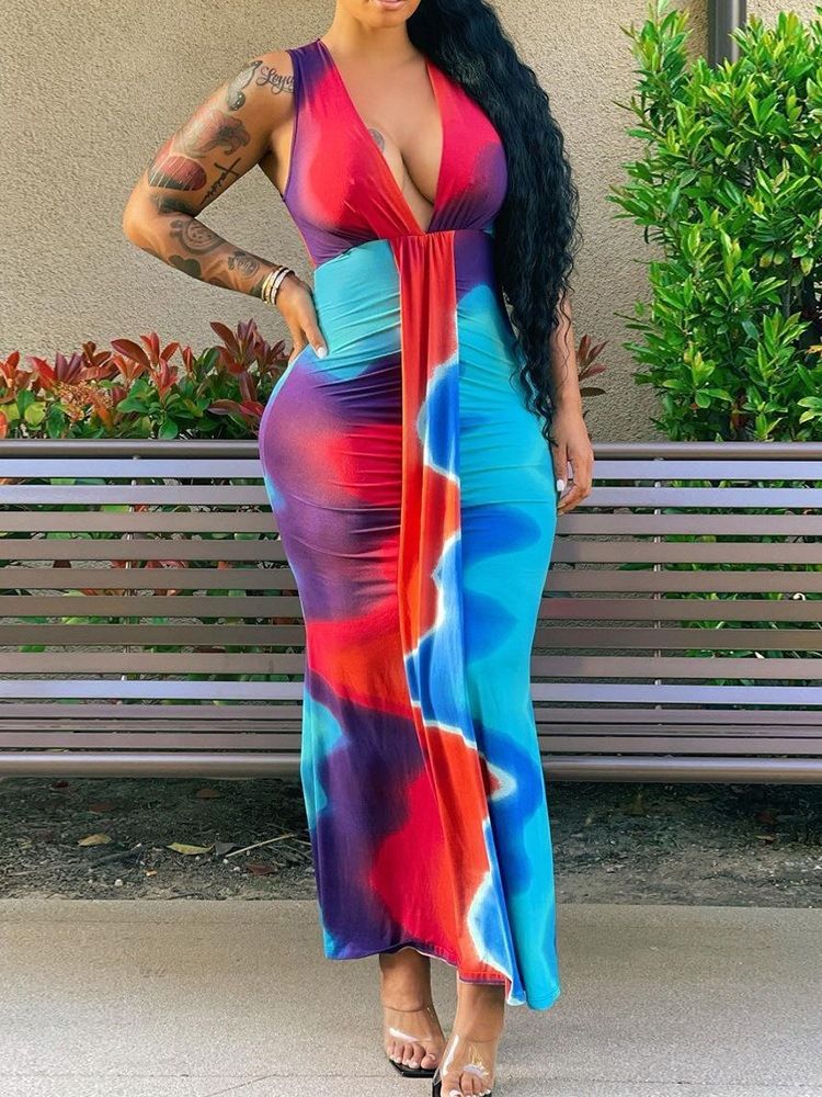 V-Halsad Patchwork Ärmlös Western Bodycon Klänning