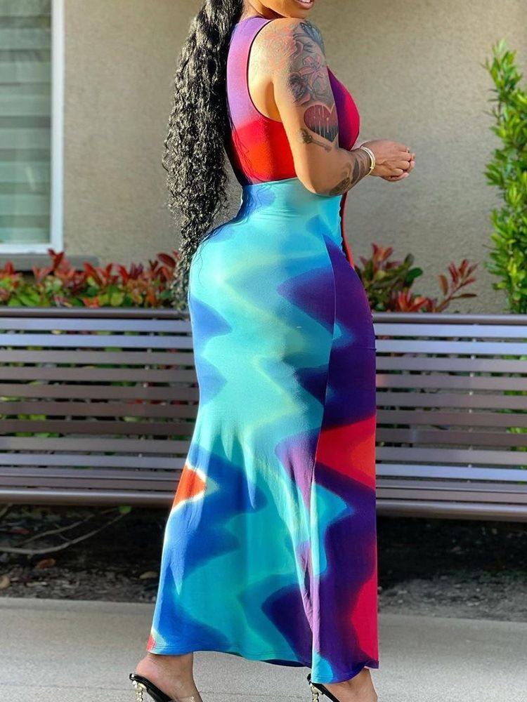 V-Halsad Patchwork Ärmlös Western Bodycon Klänning