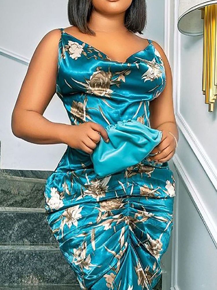 V-Ringad Ärmlös Knälång Bodycon Blommig Bodycon Klänning