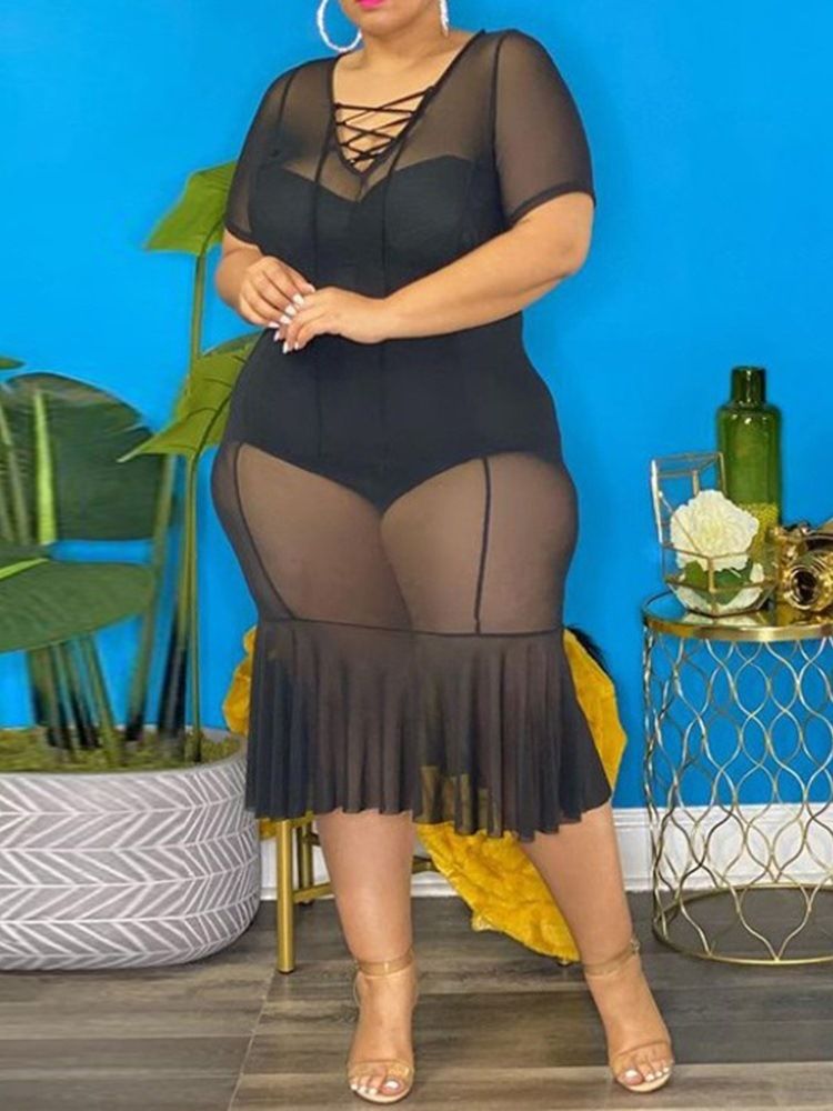 V-Ringad Genomskinlig Mid-Kalf Pullover Bodycon Klänning Plus Size