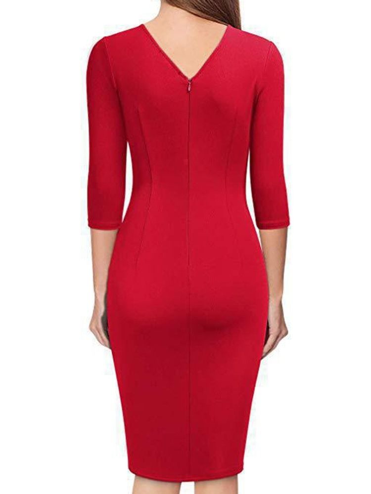 V-Ringad Knälång Trekvartsärm Pullover Enkel Bodycon Klänning