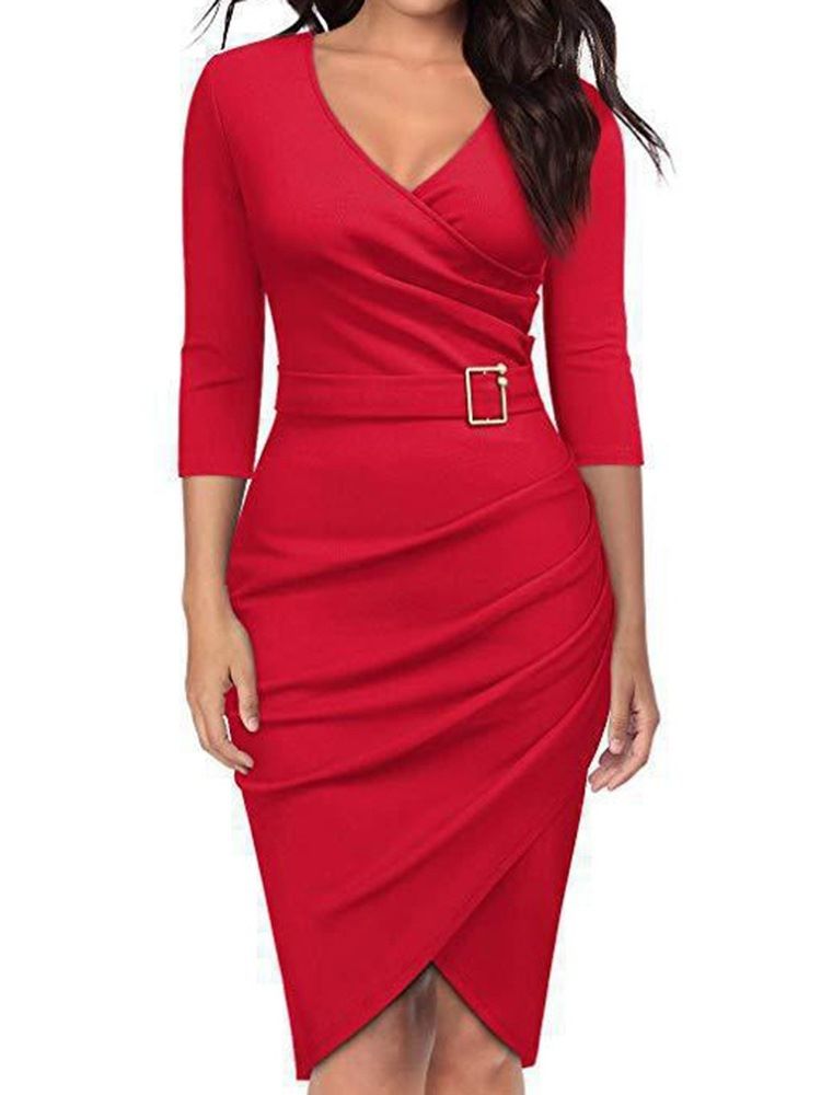 V-Ringad Knälång Trekvartsärm Pullover Enkel Bodycon Klänning