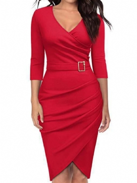 V-Ringad Knälång Trekvartsärm Pullover Enkel Bodycon Klänning