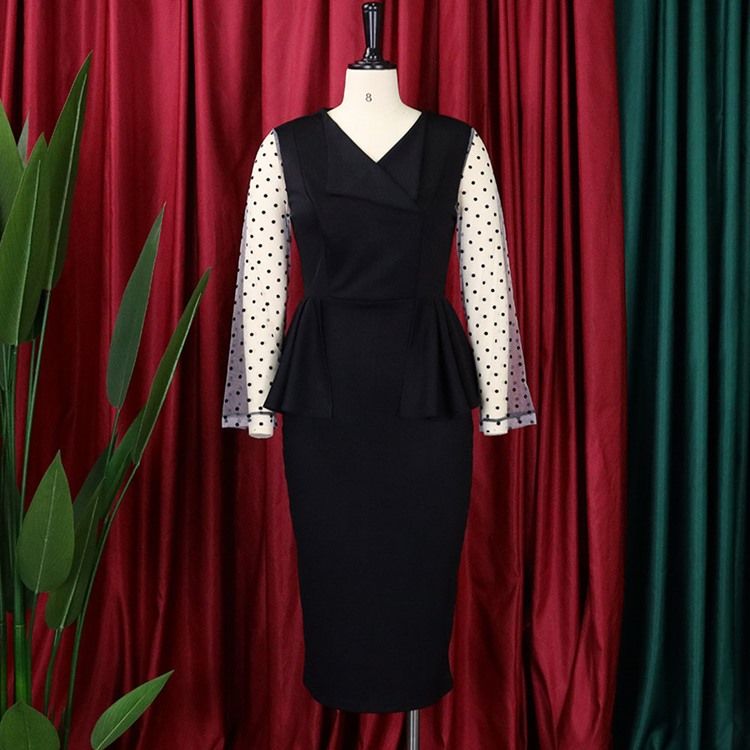 V-Ringad Långärmad Mid-Kalf Vanlig Mode Bodycon Klänning