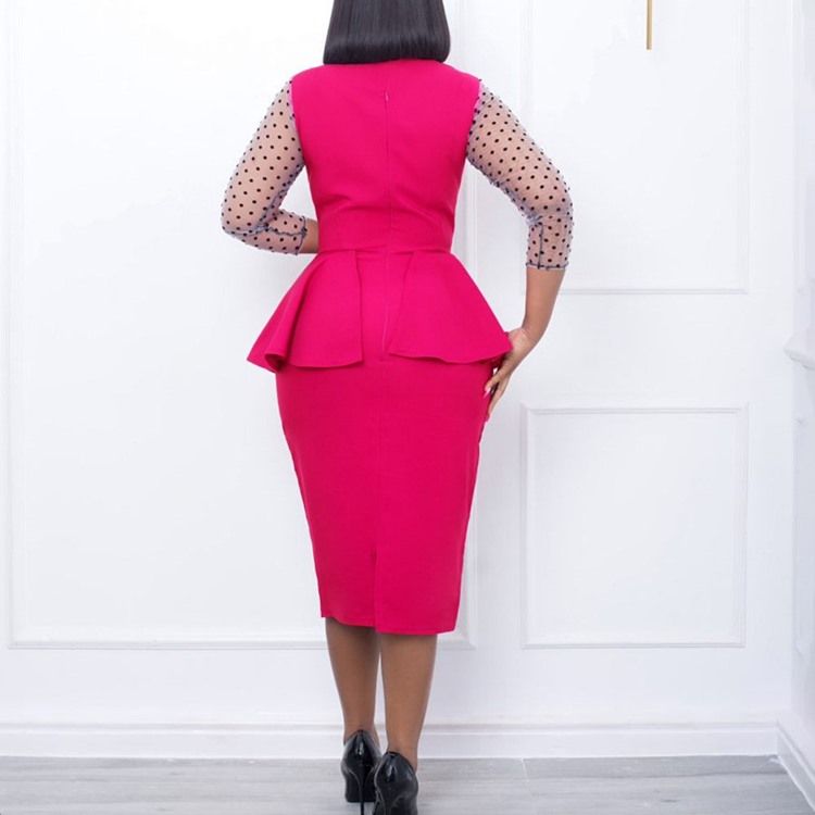 V-Ringad Långärmad Mid-Kalf Vanlig Mode Bodycon Klänning