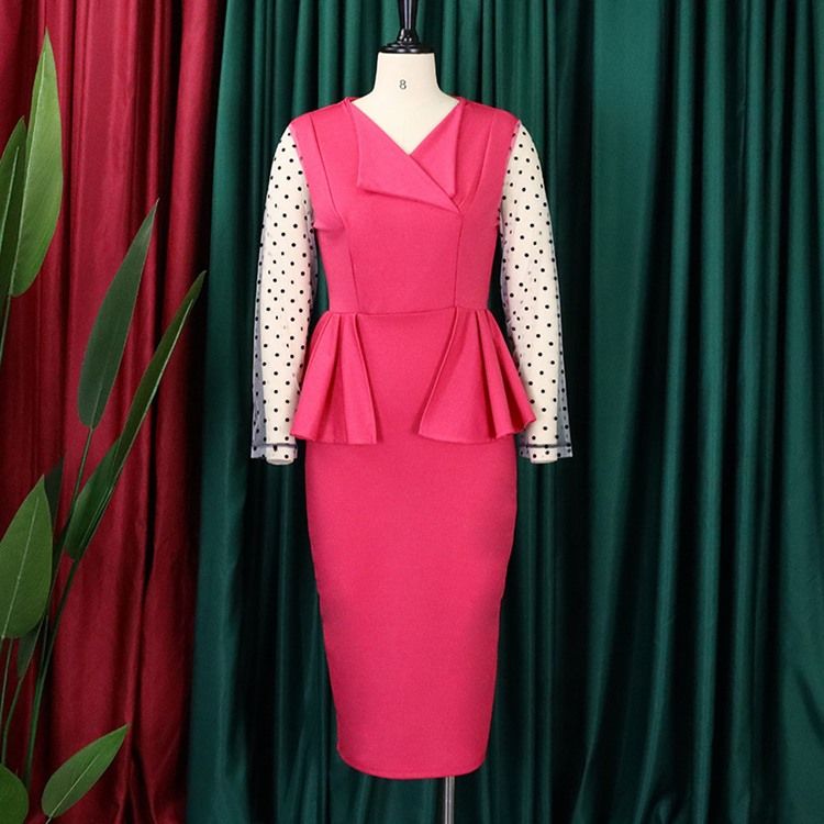V-Ringad Långärmad Mid-Kalf Vanlig Mode Bodycon Klänning