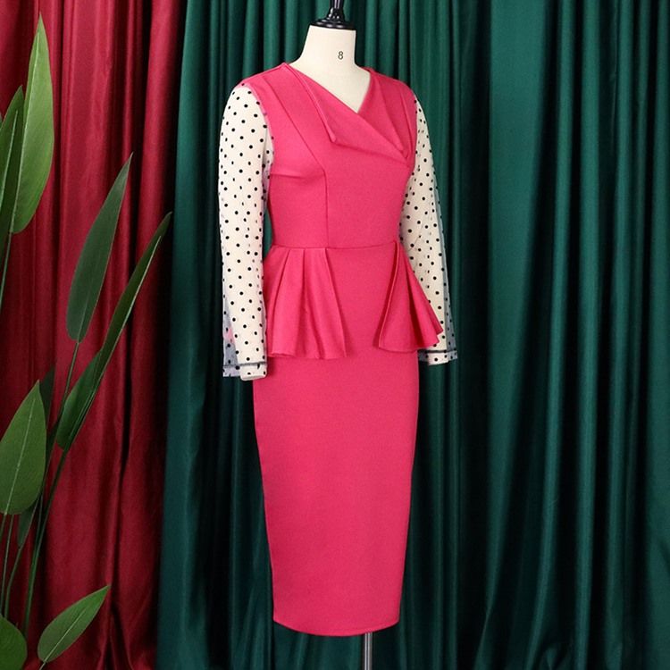 V-Ringad Långärmad Mid-Kalf Vanlig Mode Bodycon Klänning