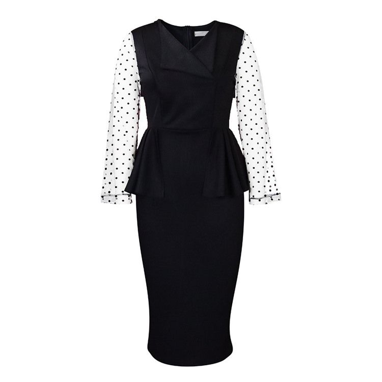 V-Ringad Långärmad Mid-Kalf Vanlig Mode Bodycon Klänning