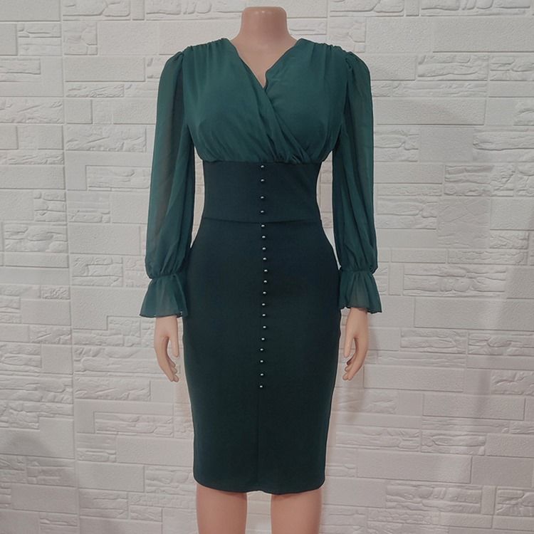 V-Ringad Mid-Calf Plisserad Fashion Bodycon Klänning