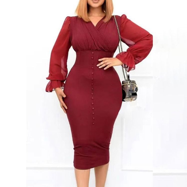 V-Ringad Mid-Calf Plisserad Fashion Bodycon Klänning