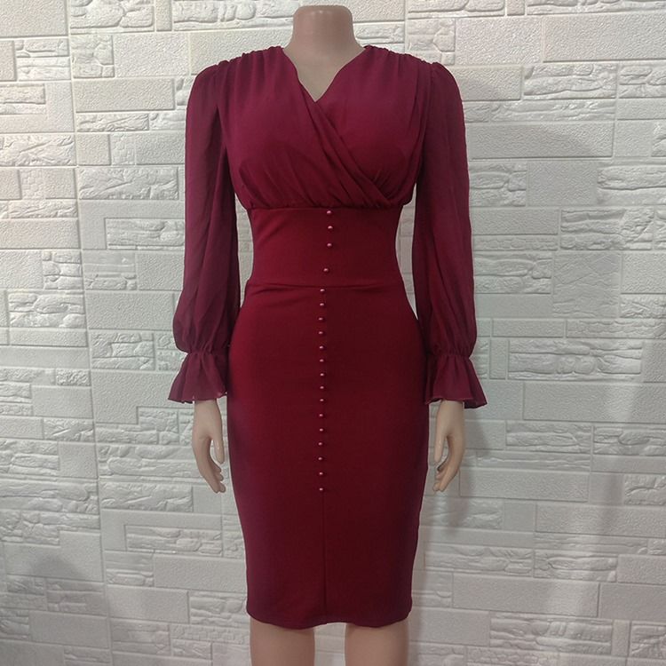 V-Ringad Mid-Calf Plisserad Fashion Bodycon Klänning