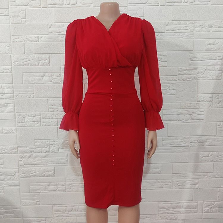 V-Ringad Mid-Calf Plisserad Fashion Bodycon Klänning