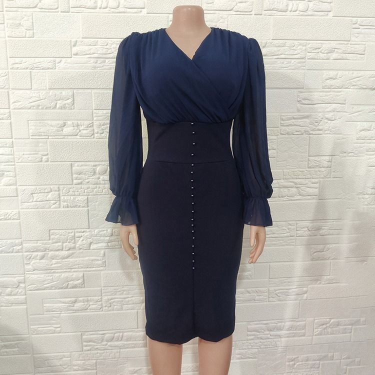 V-Ringad Mid-Calf Plisserad Fashion Bodycon Klänning
