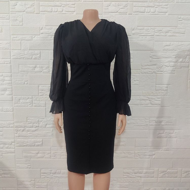 V-Ringad Mid-Calf Plisserad Fashion Bodycon Klänning