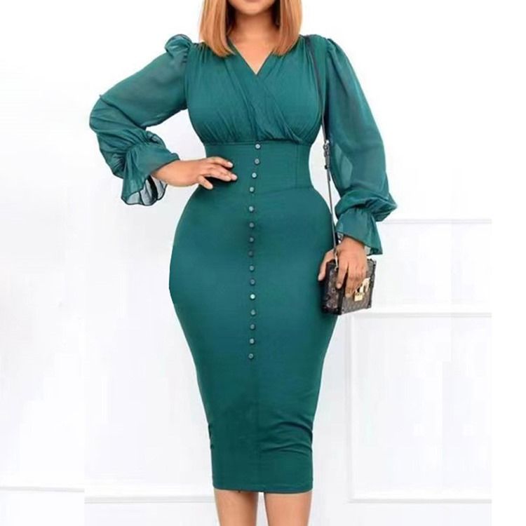 V-Ringad Mid-Calf Plisserad Fashion Bodycon Klänning