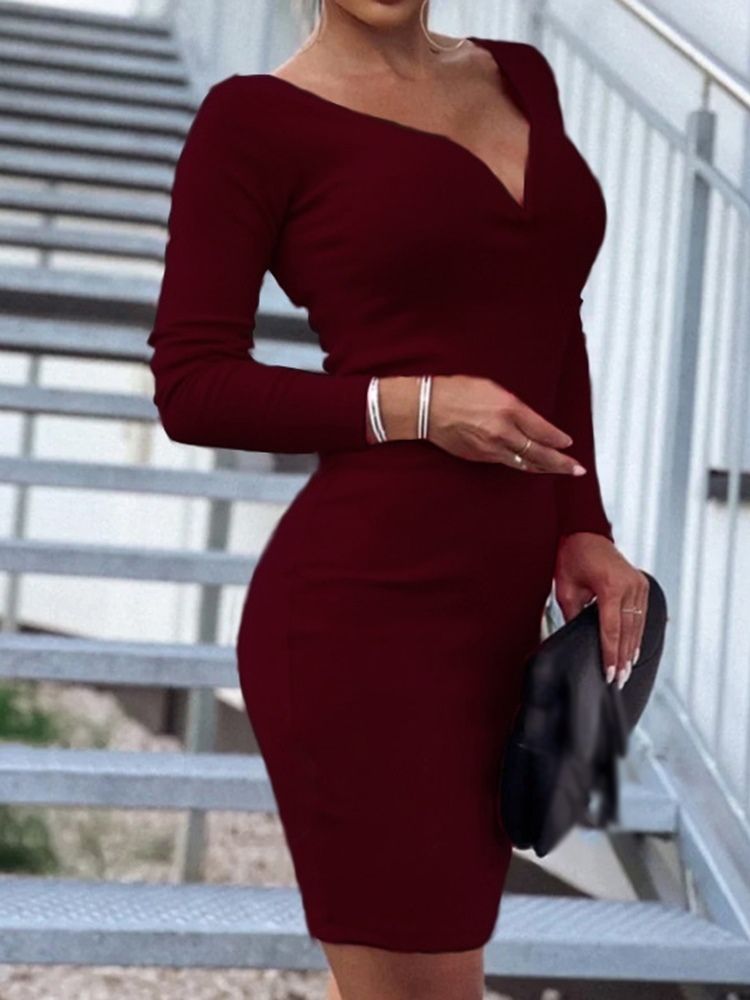 V-Ringad Ovanför Knäet Långärmad Vanlig Bodycon-Klänning