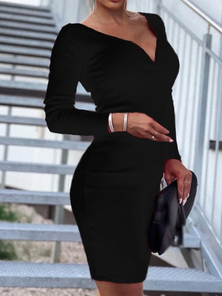 V-Ringad Ovanför Knäet Långärmad Vanlig Bodycon-Klänning
