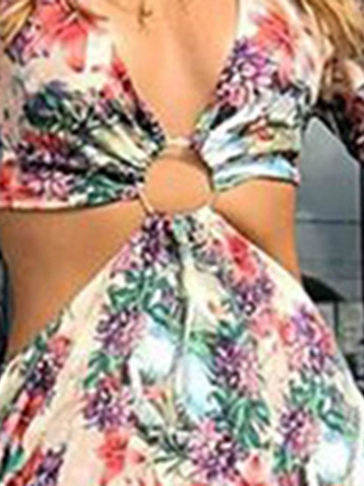 V-Ringad Snörning Med Trekvartsärm Travel Look Blommig Maxiklänning