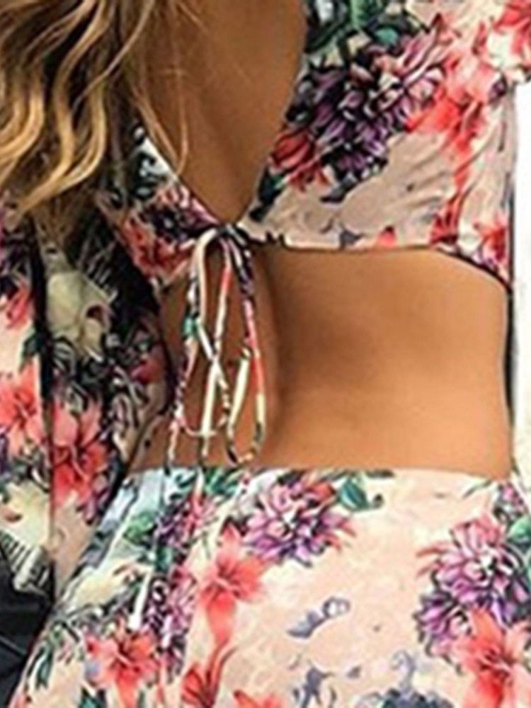 V-Ringad Snörning Med Trekvartsärm Travel Look Blommig Maxiklänning