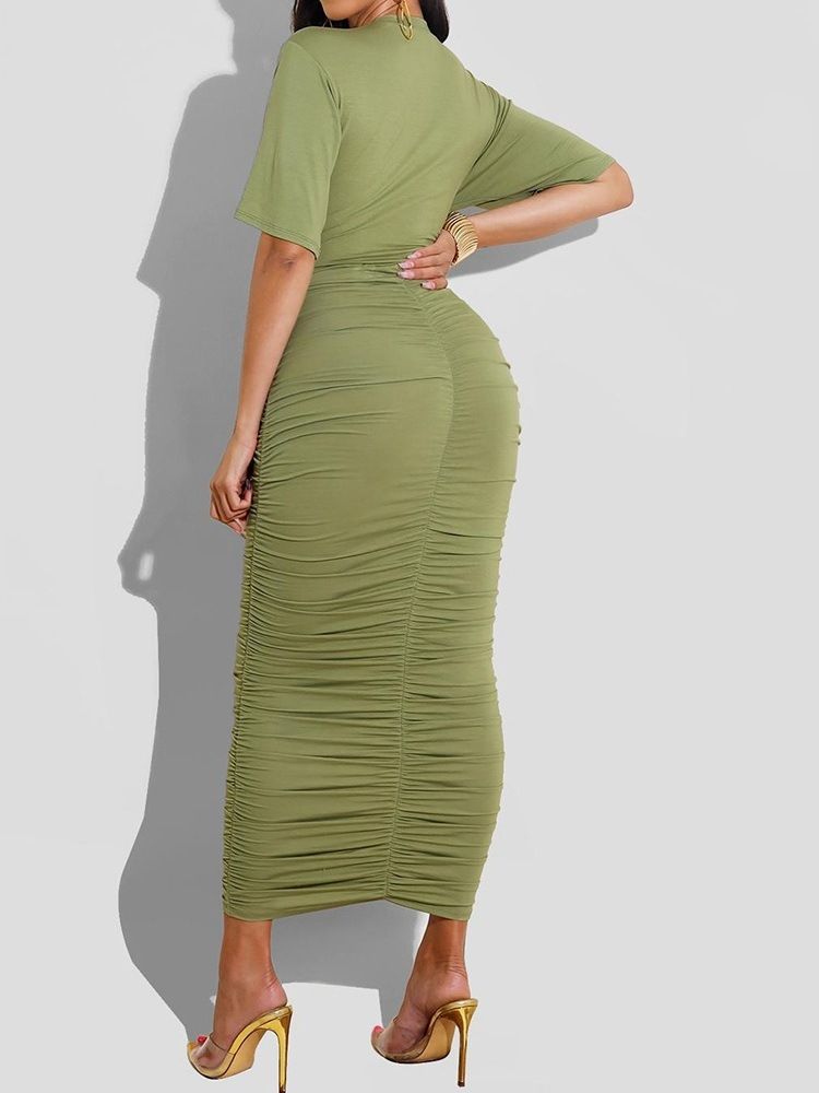 Vanlig Veckad Halvärm Ankellång Mjuk Bodycon-Klänning