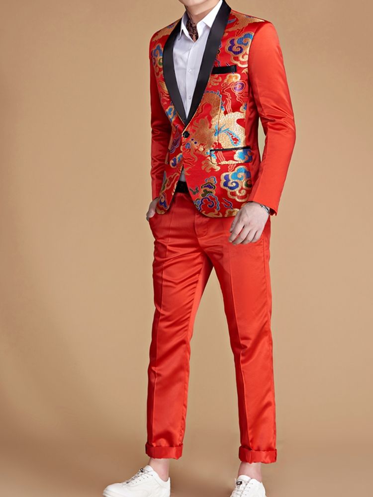 Casual Suit Blazer Byxor För Män Med Tryck