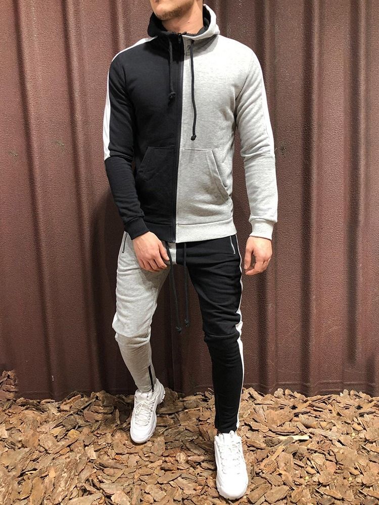 Färgblock Dragkedja För Män Sportoutfit