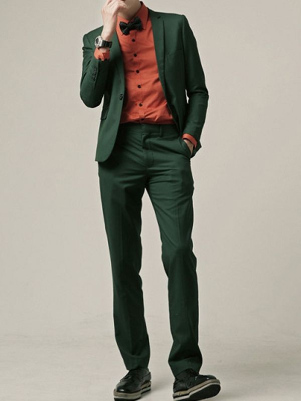 Grön Slät Slim Fitted Casual Tuxedo Herrkostym