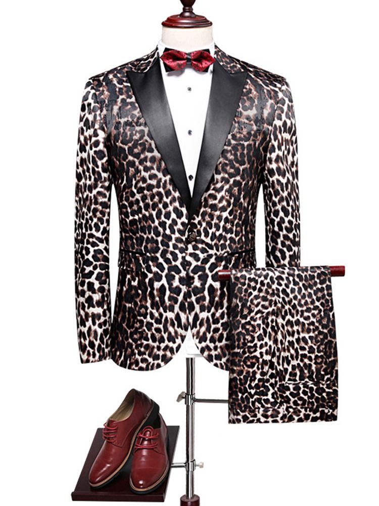 Leopardmönstrat Patchwork Slim Fit Blazerdräkter För Män