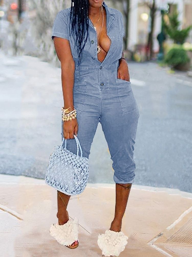 Casual Button Vanlig Pencil Byxor Slim Jumpsuit