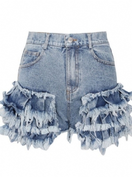 Tassel Slim Zipper Slim Denim Shorts För Kvinnor