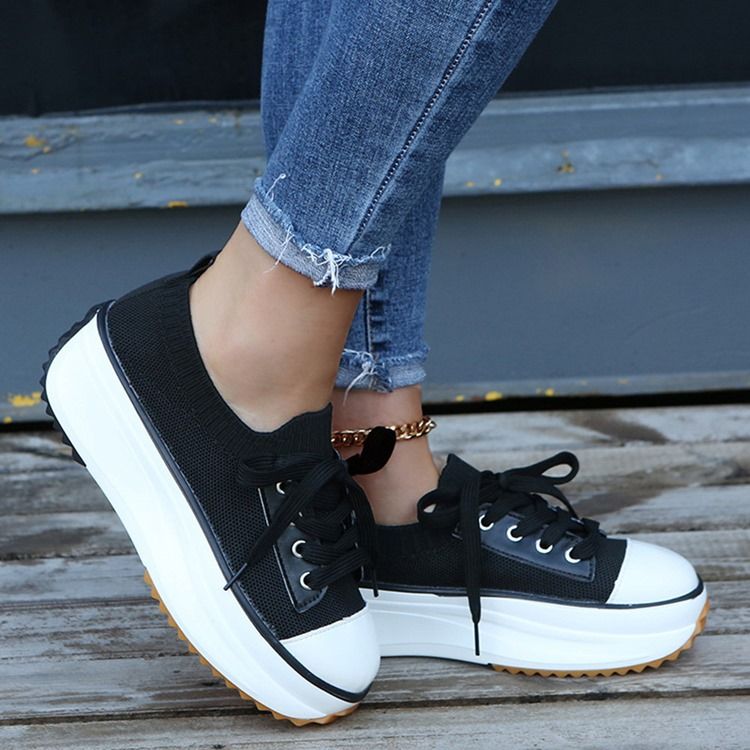 Rund Tå Snörning Lågskurna Övre Canvas Sneakers